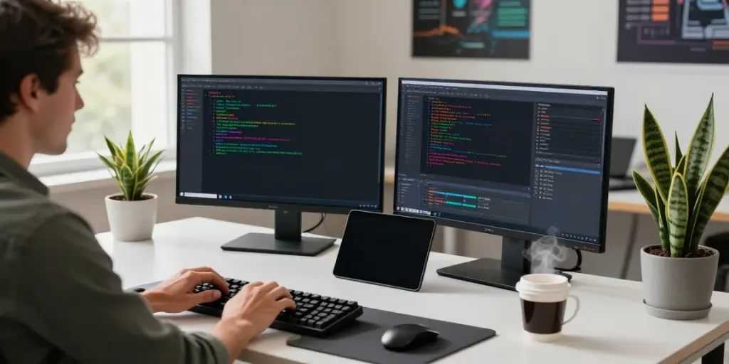 Developer using Notepad++ at a modern workstation with dual monitors and coffee, highlighting coding efficiency at https://notepad-app.co/.
