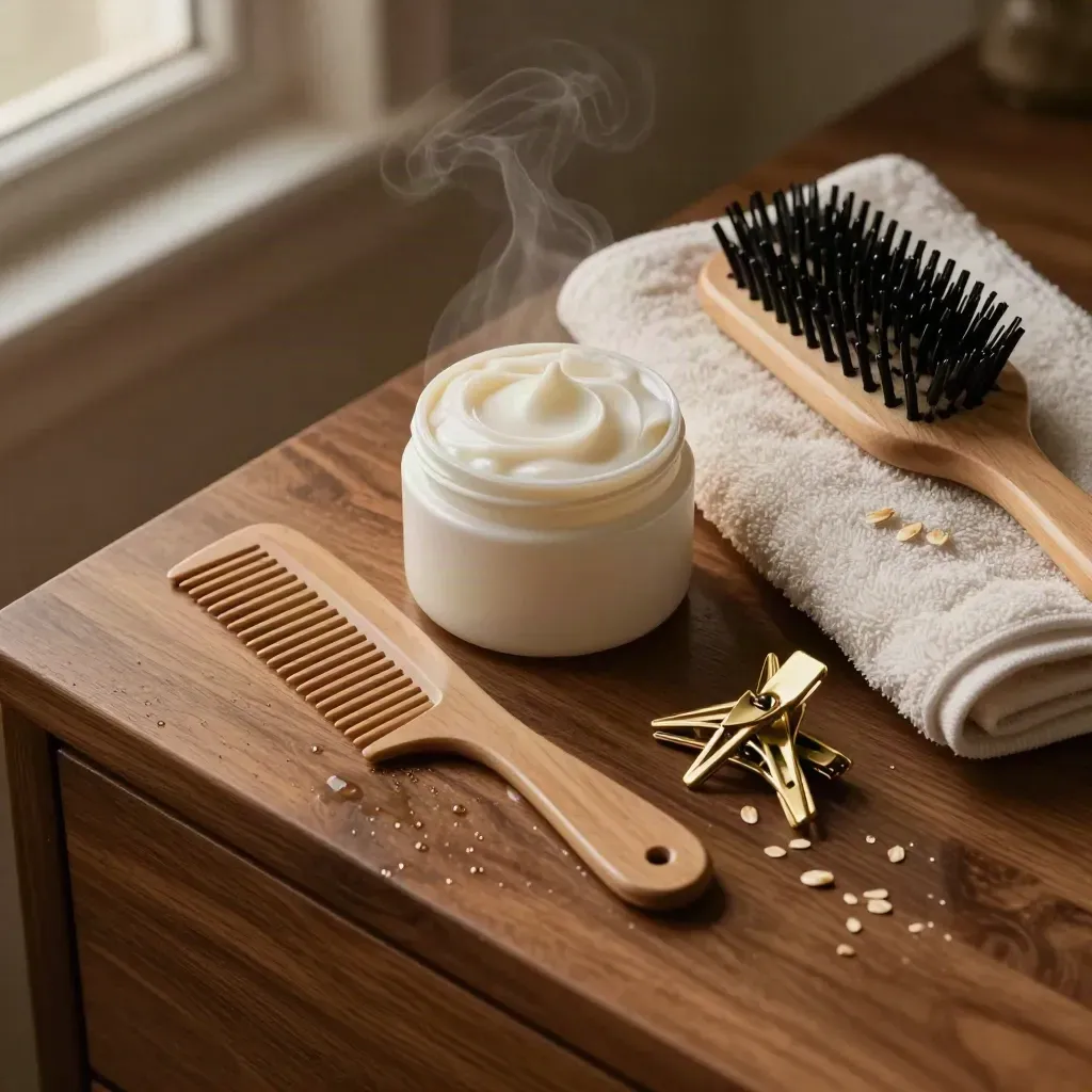 Hair care tools on a warm wood dresser with steam and dusk light.
