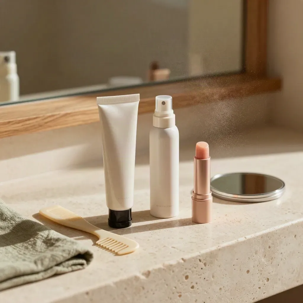 Beauty prep items lined up on travertine by a sage tray in warm window light