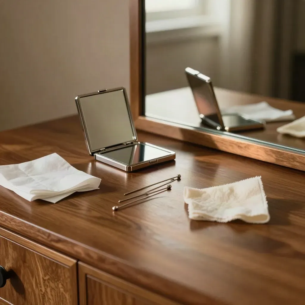 Open compact mirror, bobby pins, blotting sheets and cloth on a hotel dresser, mid-use.
