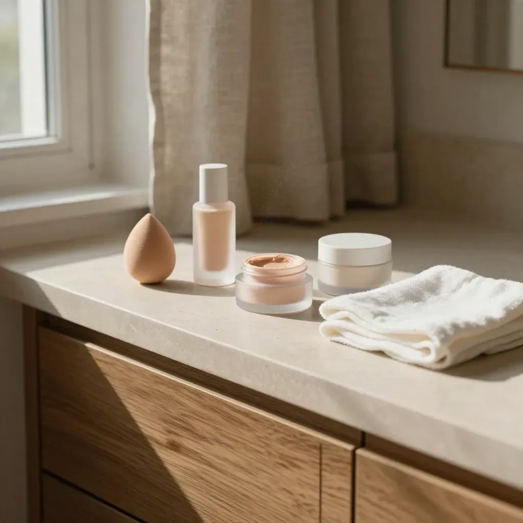 Skincare base items staged on a pale stone vanity in warm window light.