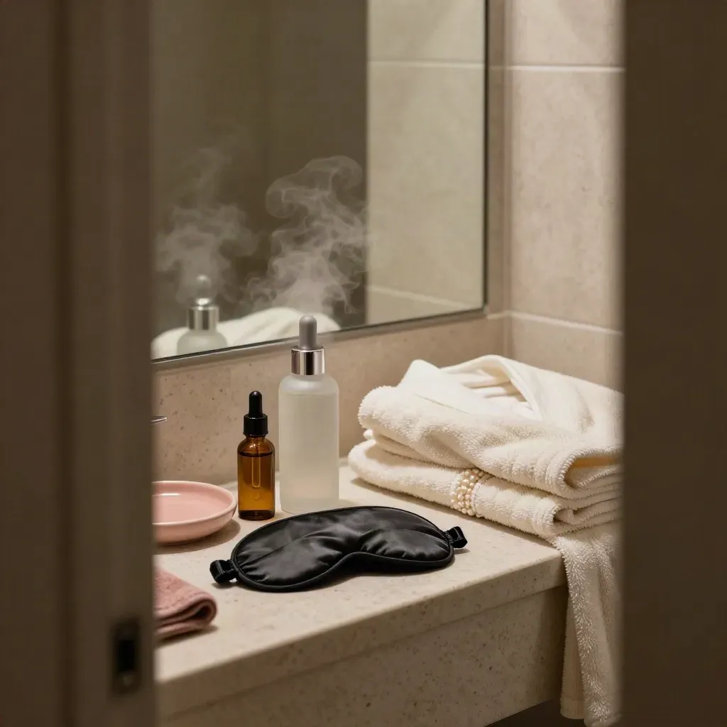 Steamy bathroom ledge with mist, hair oil, sleep mask and folded robe near a mirror.