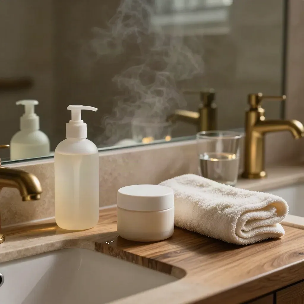 Fogged bathroom mirror with cleanser, moisturizer, towel and water glass on a walnut counter.