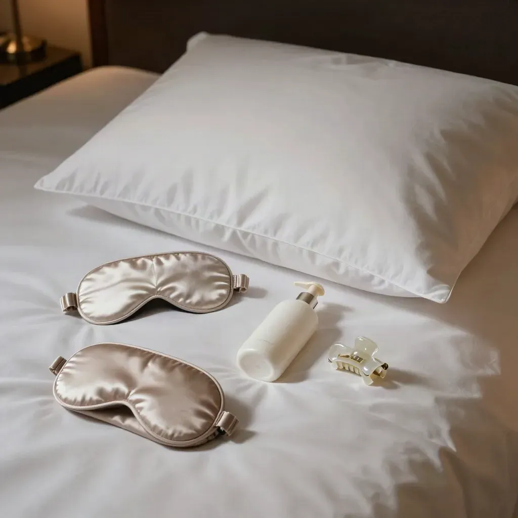 Overhead hotel bed with sleep mask, hair clips, lotion and toiletry case arranged for bedtime.