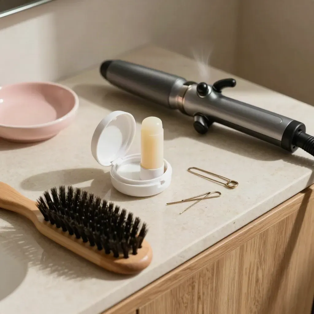 Curling iron, bobby pins, compact, lip balm and brush on a vanity, mid-touchup in soft light.
