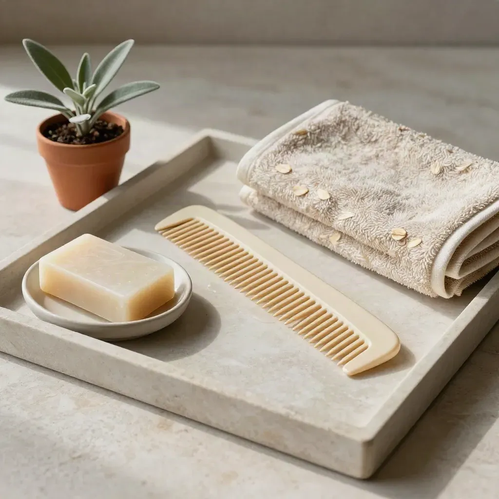 Hair care tray still life with comb, shampoo bar, damp towel and terracotta plant.