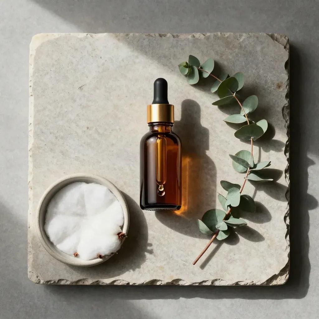 Amber serum bottle with cotton pads, ceramic dish, and eucalyptus on stone