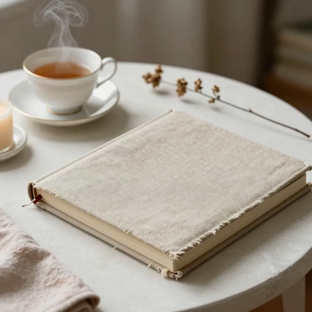 Closed linen journal, teacup, candle and dried stem on a plaster bedside table with steam.