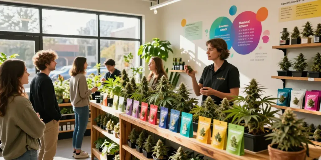 Diverse Alien Labs strain display at a vibrant cannabis dispensary, showcasing unique packaging and customer engagement.