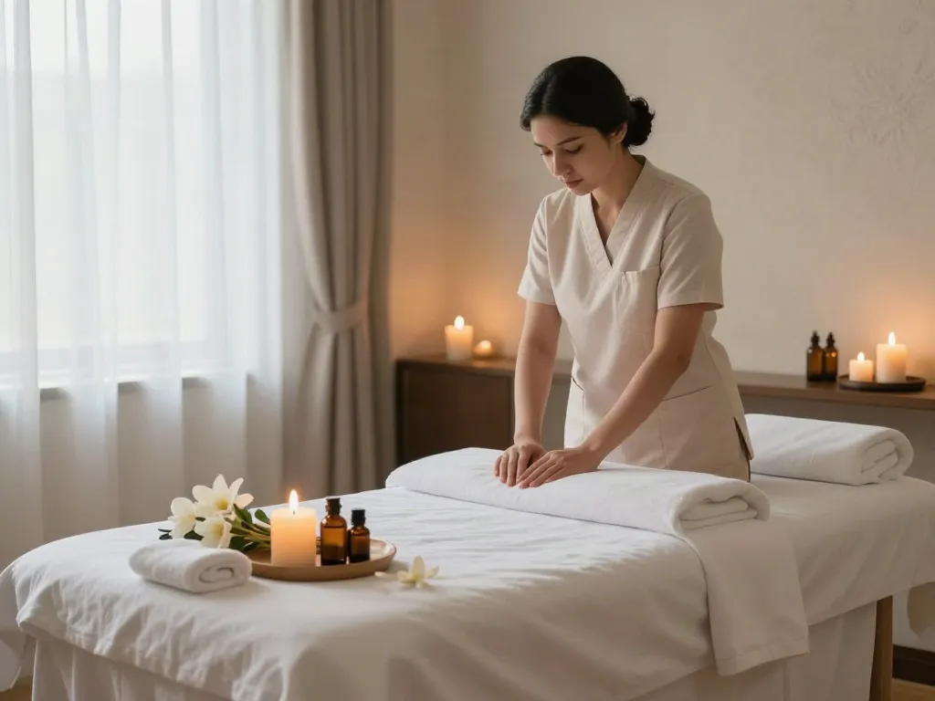 Relaxing 수원출장마사지 therapy room with massage table and essential oils.